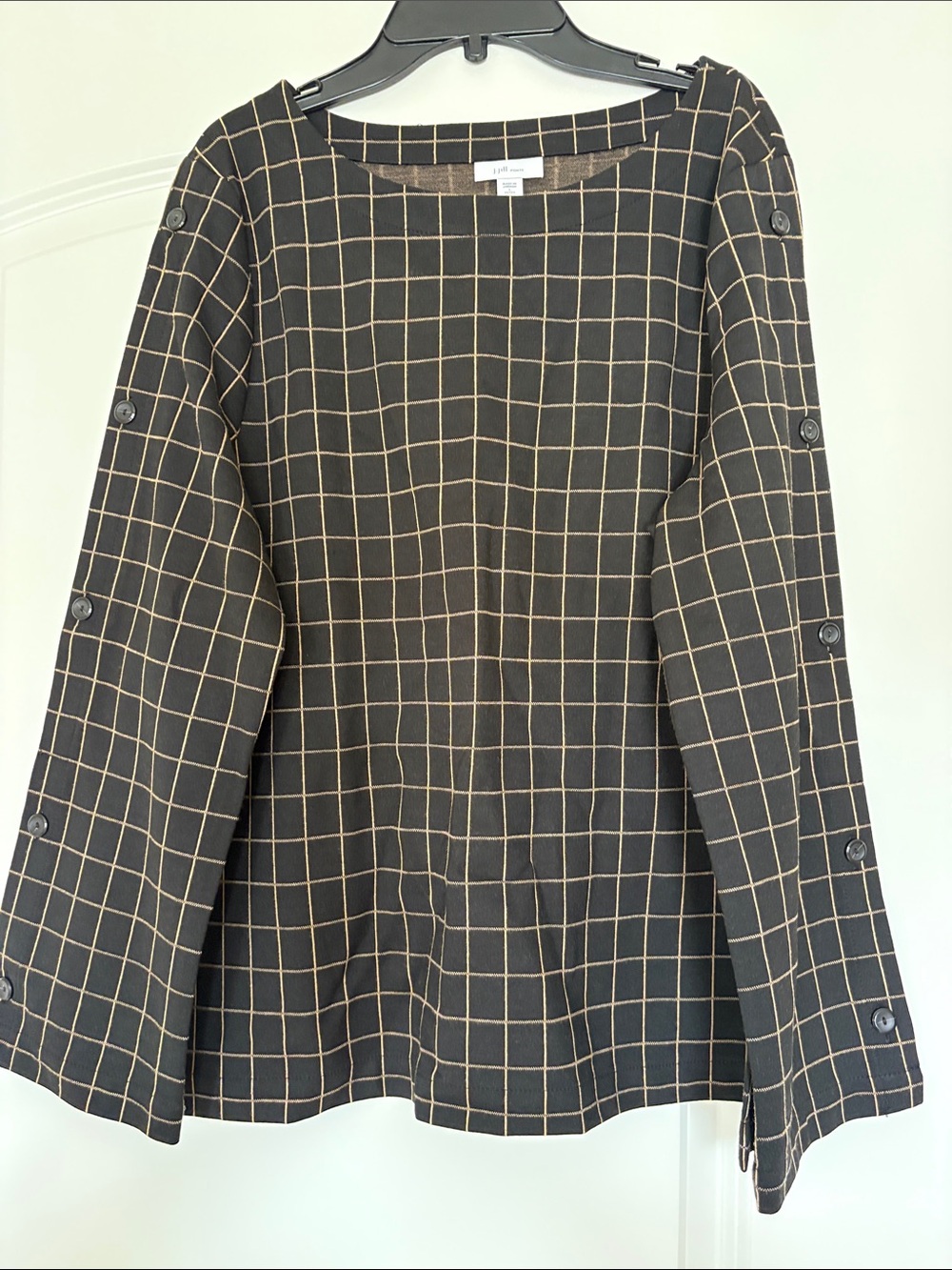 J. Jill Black Blouse with Tan Windowpane and Sleeve Buttons